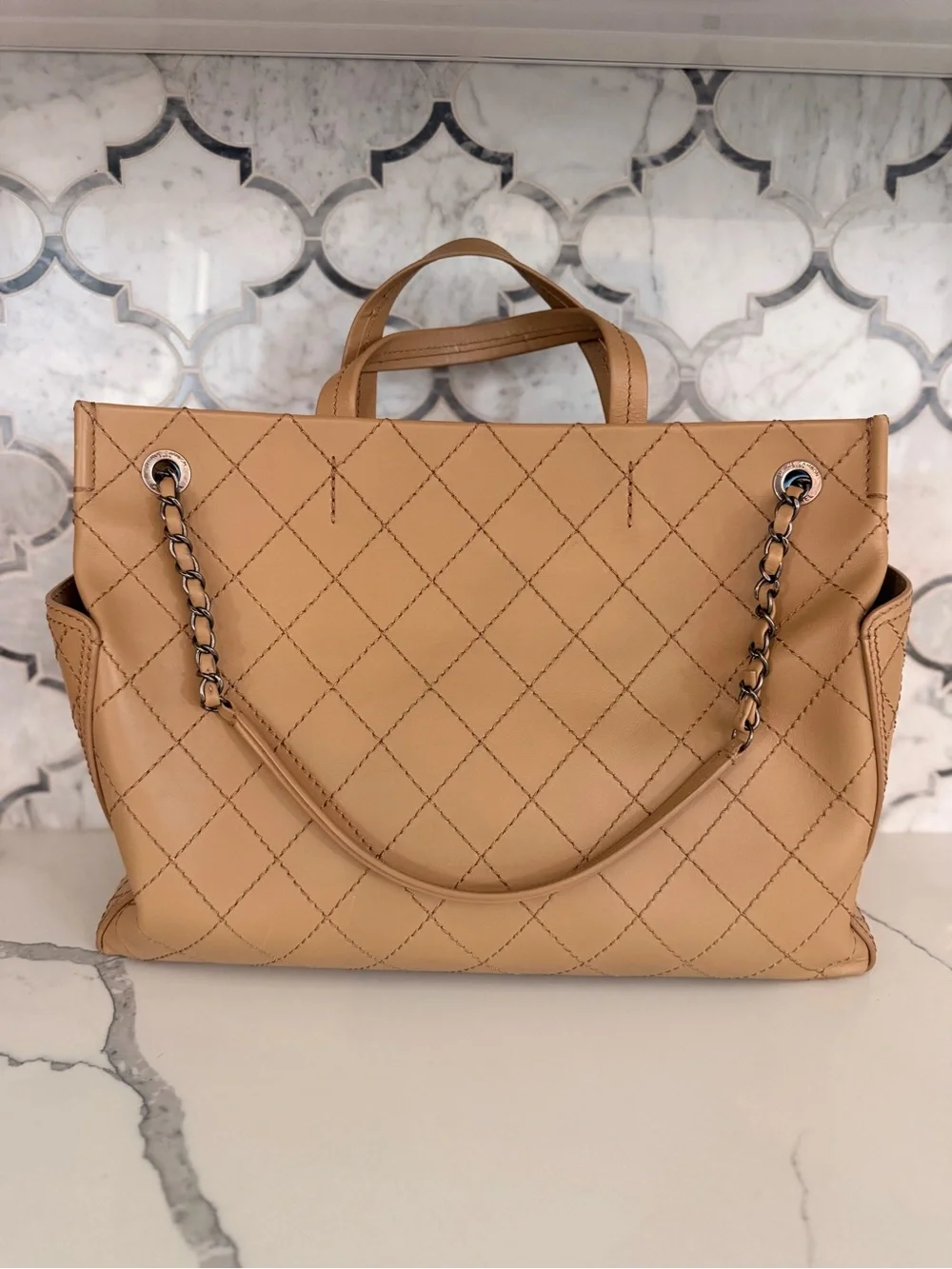 CHANEL Beige Quilted Leather Tote with Chain-Trim CC Charm